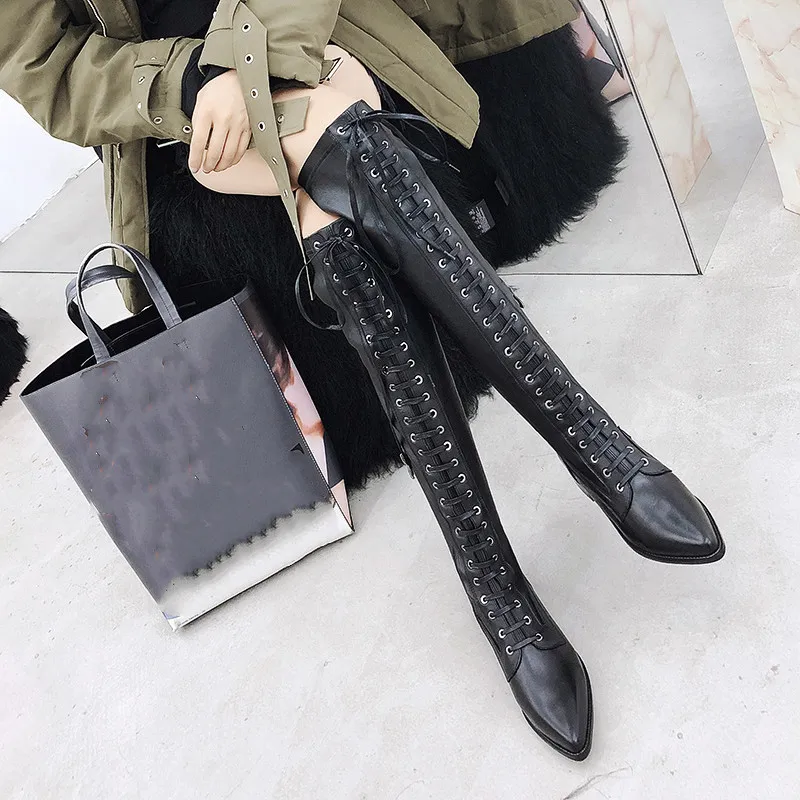 

YMECHIC Sexy Over The Knee Boots Cow Leather Pointed Toe Cross Tied Autumn Motorcycle Thigh High Boots Women Shoes Fashion 2019