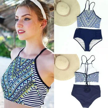 

2pcs/set Women Retro Check Stripe Backless Bra & High Waist Briefs Swimwear Bikini Set Triangle Bather Suit Swimming Suit biquin