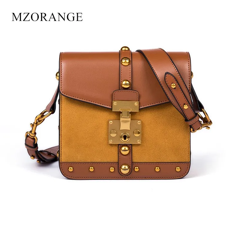 

NEW genuine leather box flap women bag Vintage brand Suede cowskin gold rivets handbag high quality messenger bag Shoulder Bags