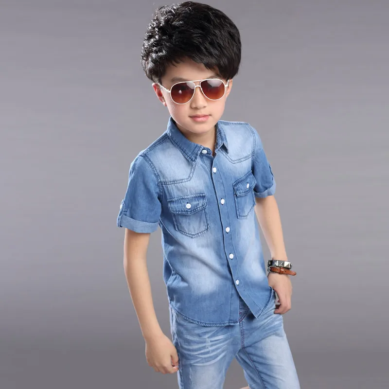 Boys Clothes Boys Summer Set 2pcs Cowboy Shirt +Shorts Teenager Boys Casual Set Short Sleeve shirt Short Pants