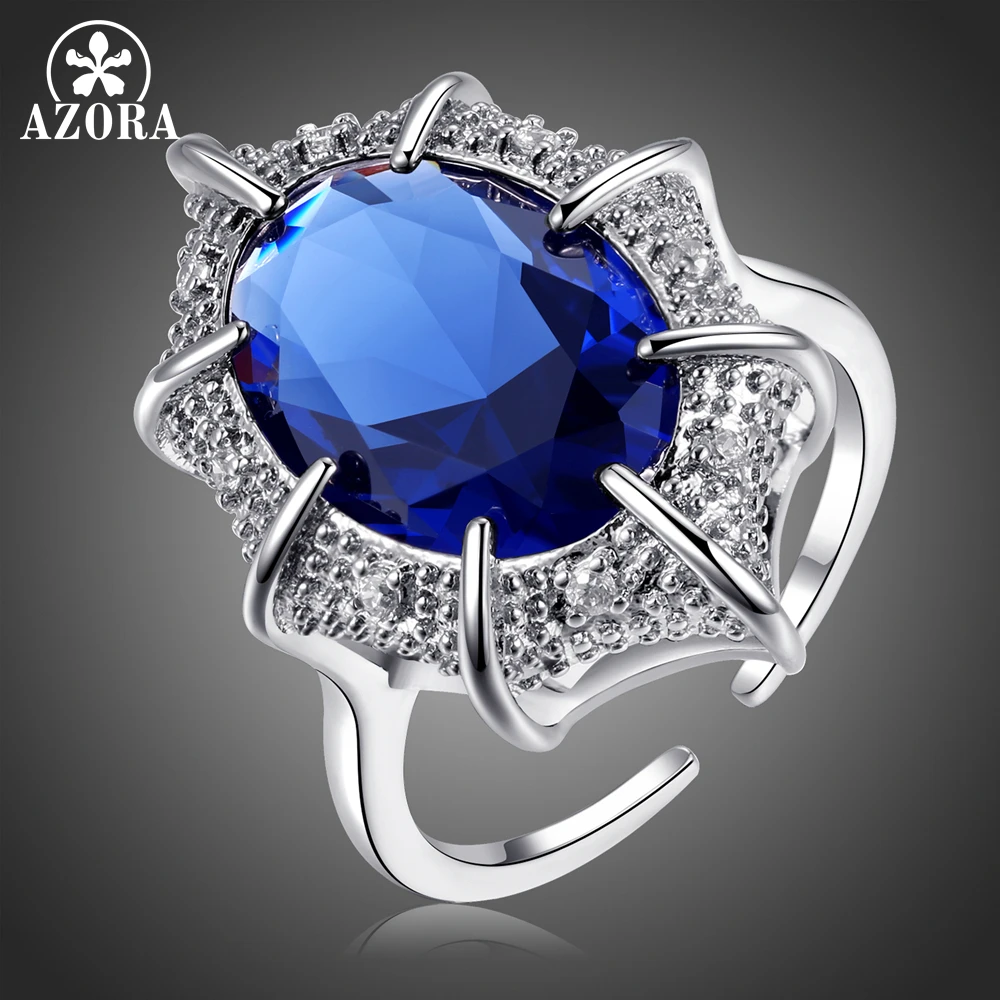 

AZORA Design Trendy Adjustable Open Size Ring for Women Party or Dating Shiny Oval Blue Cubic Zirconia White Gold Jewelry TR0237