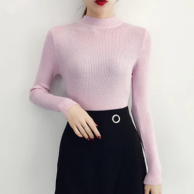 Shintimes, свитер с длинным рукавом, Женский Блестящий пуловер на осень и зиму, корейский стиль, вязанная водолазка, Женские базовые свитера, Femme - Цвет: pink