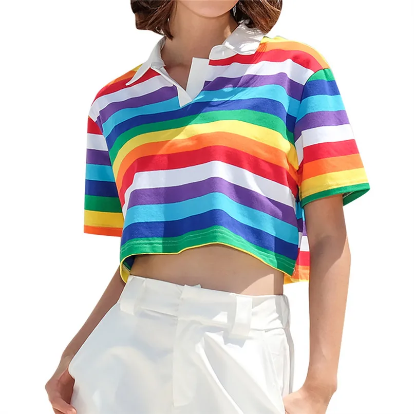 

Fashion Women Turn-down Collar Short Sleeve Rainbow Striped Print Short Crop Top Thin Clothing For Women Girls 35MA20