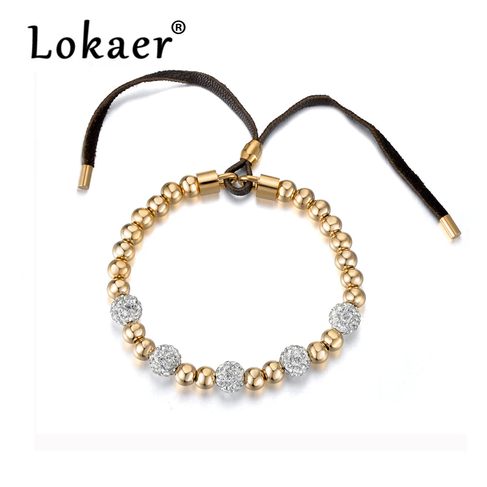 

Lokaer New Gold Color Round Beads With Rhinestone Beads Strand Bracelets Stainless Steel Adjustable Bracelet For Women B18024