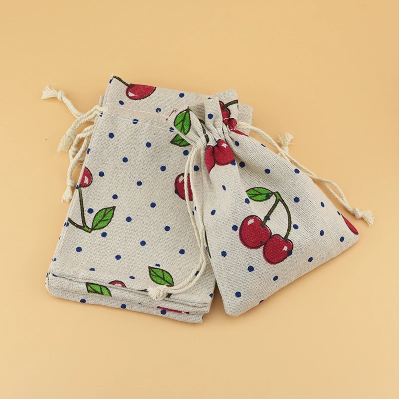 50pcs 10*14cm Cherry Design Cotton Bags Drawstring Gift Bag Incense Storage Linen Bag Keychain