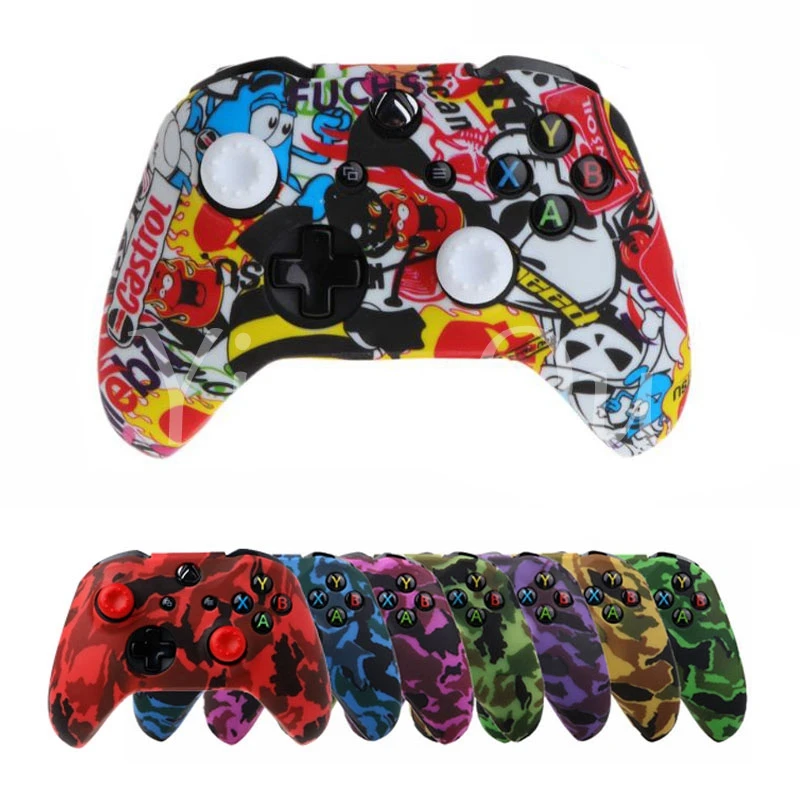 Camouflage Silicone Gamepad Cover + 2 Joystick Caps For XBox One X S Controllers (2)