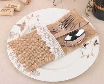 

Hessian Burlap Lace Jute Cutlery Pocket Knifes Forks Bag Burlap Silverware Holders for Wedding Table Decoration 50PCS/lot