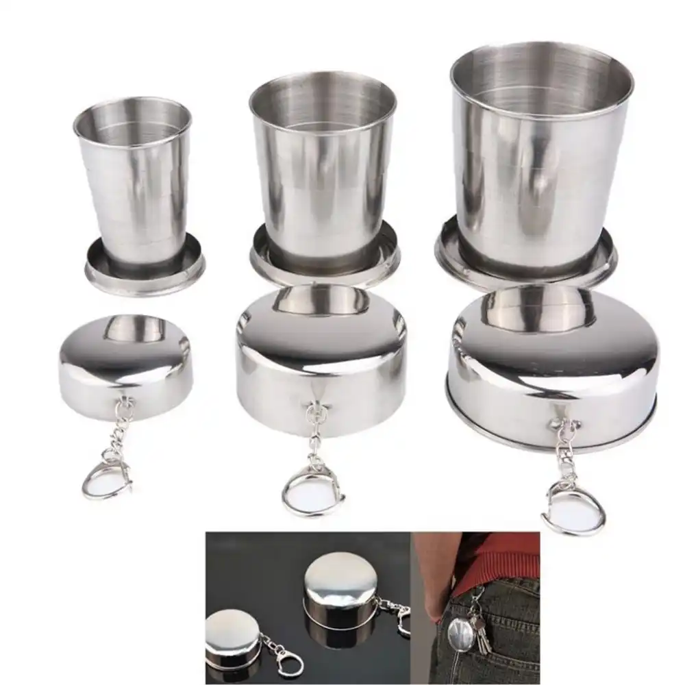 Stainless Steel Camping Folding Cup with Keychain Traveling Outdoor Hiking Portable Folding Metal Cup
