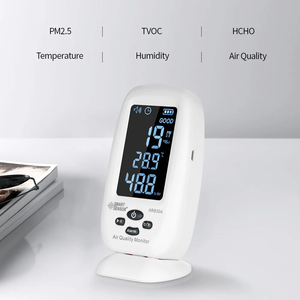 

SMART SENSOR AR830A 5 in 1 Air Quality Monitor Digital Gas Analyzer with Temperature Humidity PM2.5 TVOC HCHO Detector