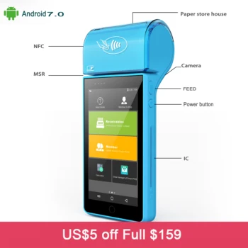 

5 Inch Handheld Mobile Android 7.0 Wireless Card Swipe Machine Credit Card Payment With 58mm Thermal Printer Bus Tickets Printer