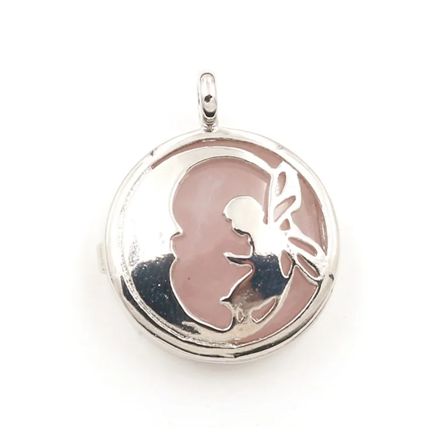 

FYJS Unique Female Jewelry Silver Plated Locket Crescent Moon Lovely Angel Natural Rose Pink Quartz Pendant