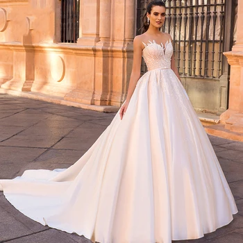 

Eightree New 2019 Satin Wedding Dress Appliques Lace Elegant Ball Gown Beaded Bride Gown Customized Vestido de Noiva Bow Belt