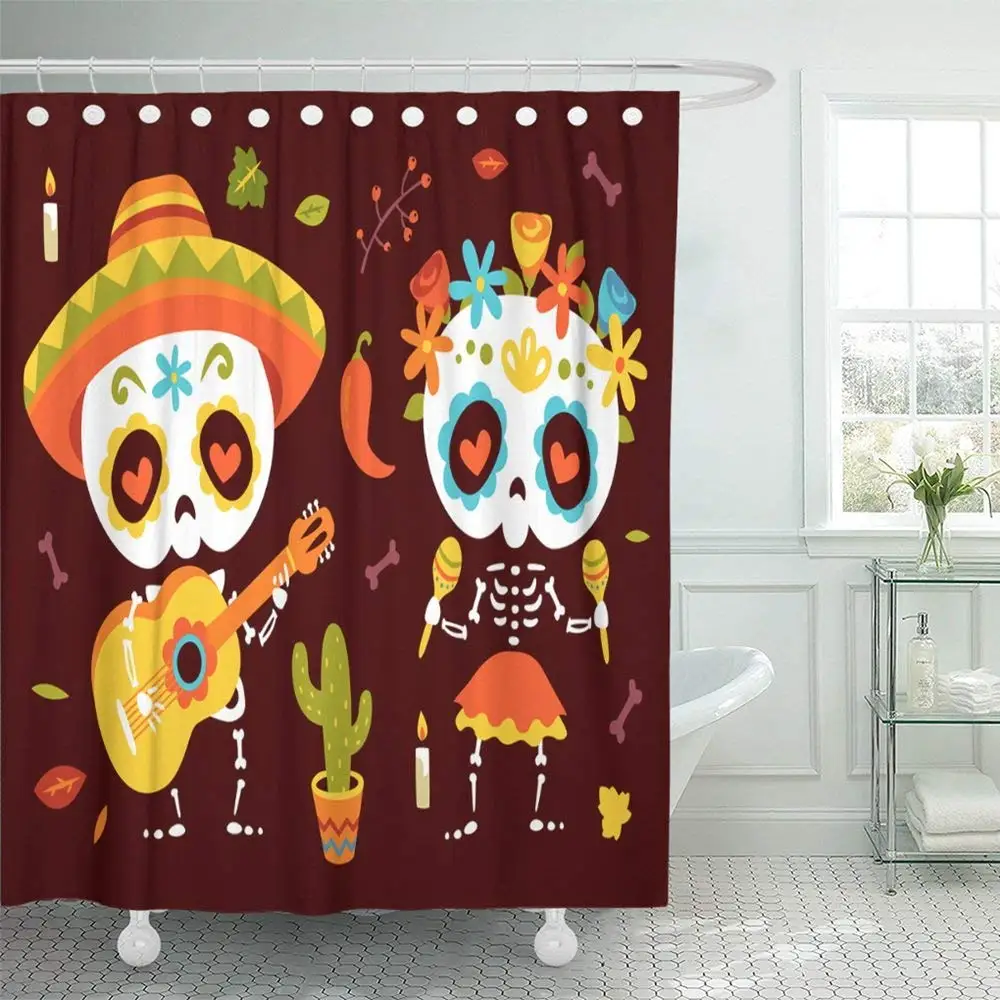 

Waterproof Home Decor Skull Cartoon Style Day Of Dead Autumn Leaves Calavera Guitar Mexican Sugar Bones Picture Shower Curtain