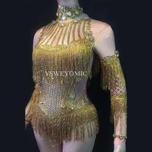 Золото стразы кисточкой спандекс боди танцевальный костюм для женщин День рождения Стразы сценический наряд Одежда для ночного клуба, для танцев