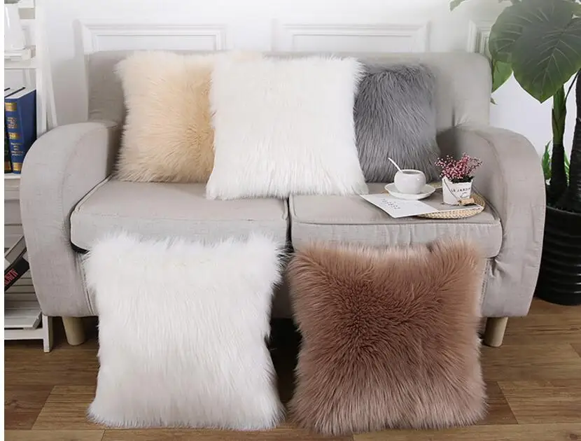 

soft fluffy plush cushion cover decorative warm pillowcase square throw pillow cover solid color pillow case