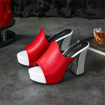 

Summer Sexy Women Elegant Red High Heel Sandals Peep Toe Platform Shoes Zebra Chunky Heel Shoes Lady Thick Heel Fashion 34-40