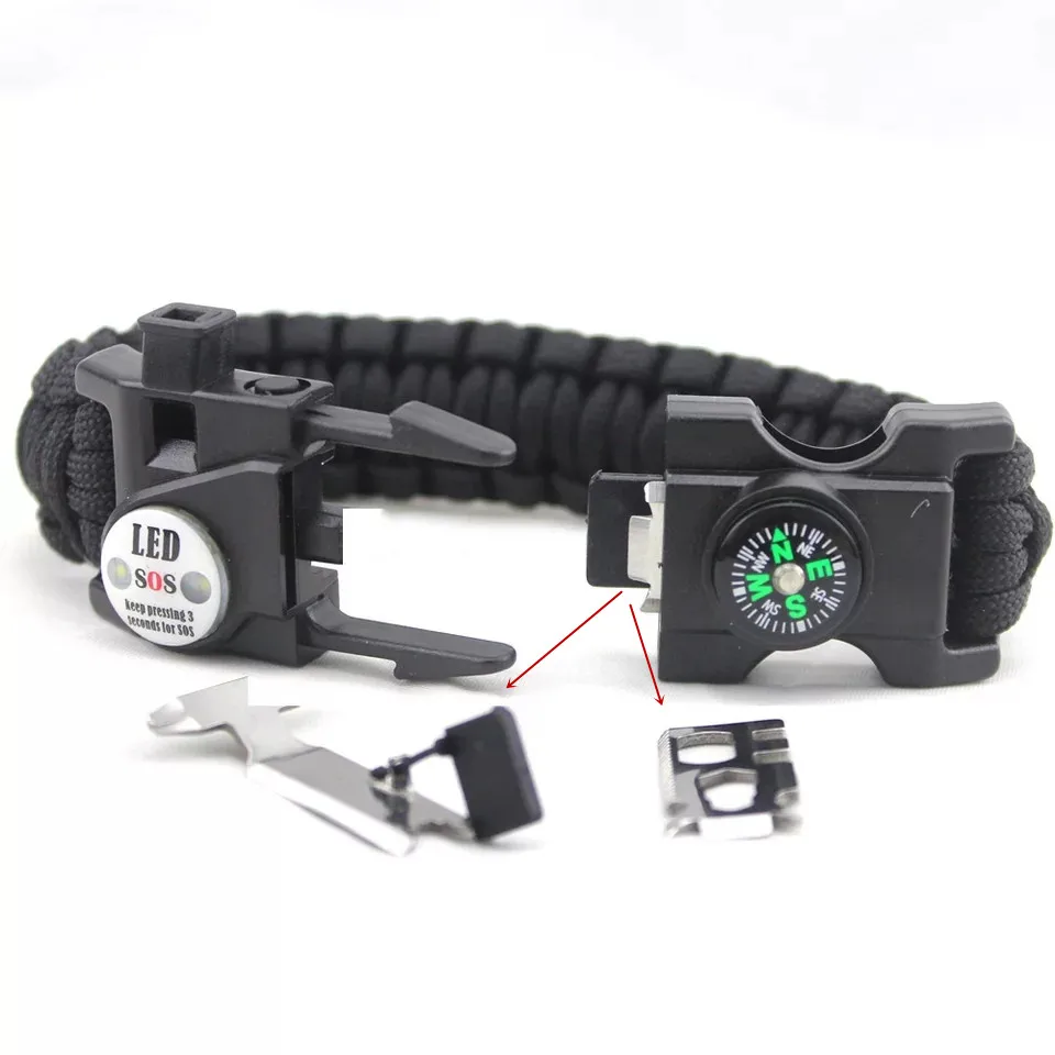 في الهواء الطلق الطوارئ بقاء سوار SOS LED ضوء التخييم Paracord حبل متعددة الوظائف بقاء أداة صافرة البوصلة سوار