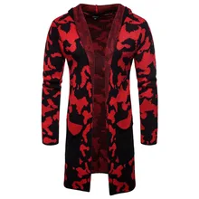 Мужская Новая мода вязаный кардиган камуфляж с капюшоном длинный рукав трикотажное пальто мужской зимний теплый длинный кардиган