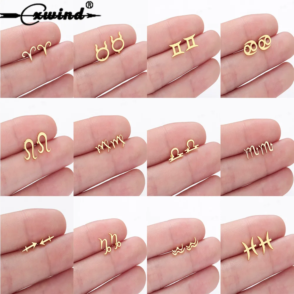 Cxwind Constellation Stud Earrings for Women Zodiac Earring Gift 12 Zodiac Sign Constellation Charm Star Heart brincos Jewelry