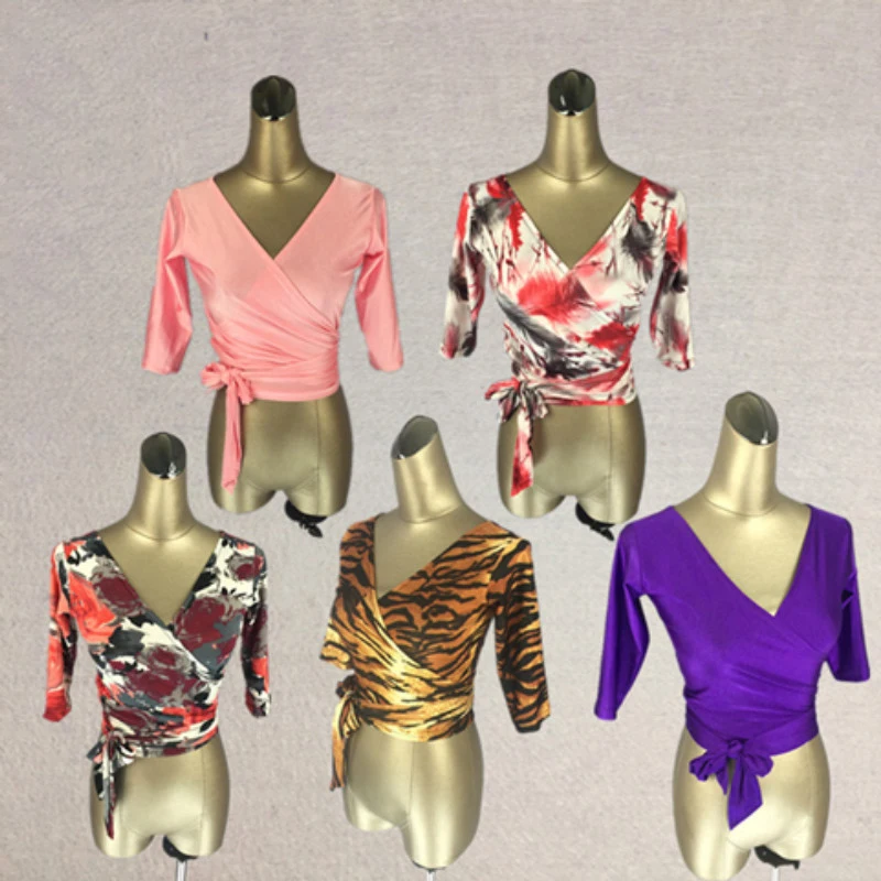 

Latin Dance Shirts Women Printed Mid Sleeve Open Back Top V Neck Salsa Samba Costumes Clothing Lady Latin Practice Wear DN2342