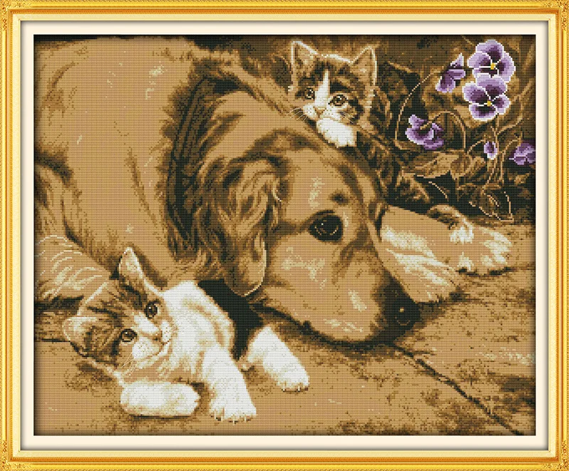 

Intimate partner dog and cats Printed Canvas DMC Counted Cross Stitch Kits printed Cross-stitch set Embroidery Needlework