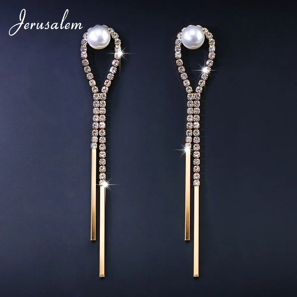 

Trendy Water Drop Long Pearl Earrings Tassel For Women Brincos Dangle Earrings Wedding Women Drop And Dangel Earrings Aretes