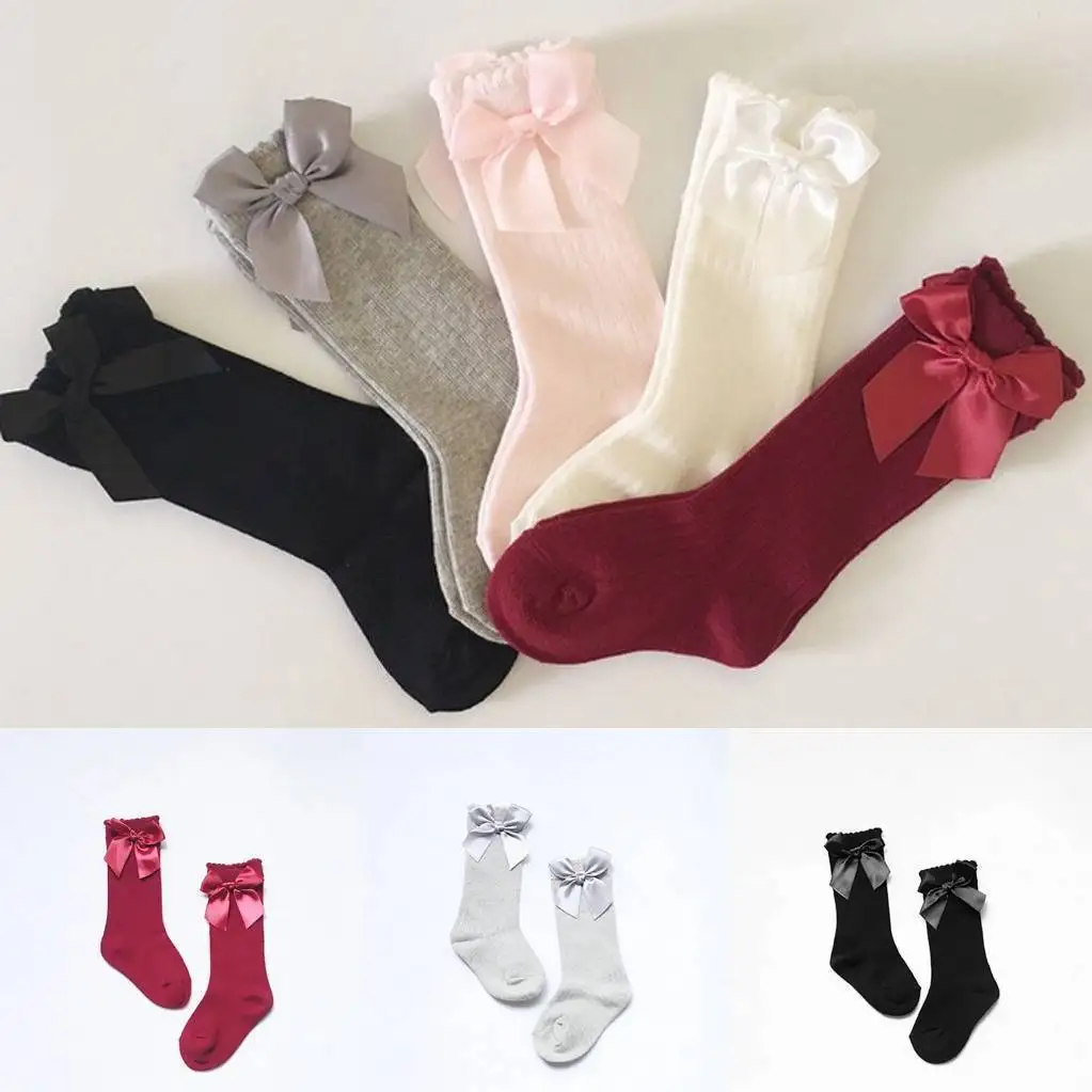 Cute Baby Girls Kid Cotton Knee High Stockings Colours Silk Bow Solid