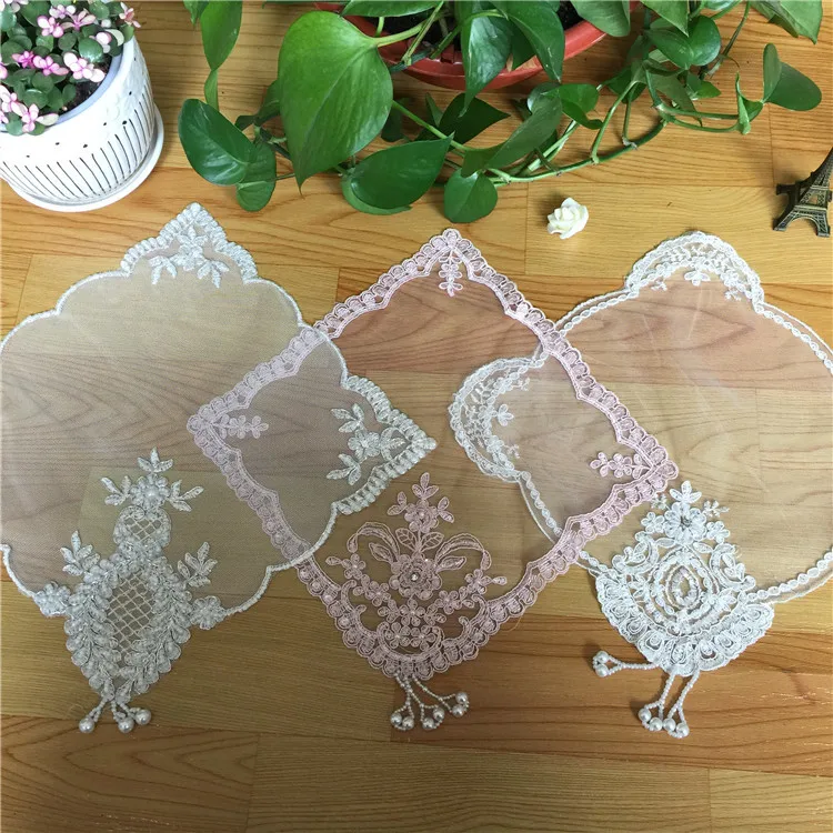 

Korean Lace Placemat Beaded Tassel Glitter Embroidery Kitchen Glass Table Mats Wedding Napkins Cloth Doily Wine Drink Coasters