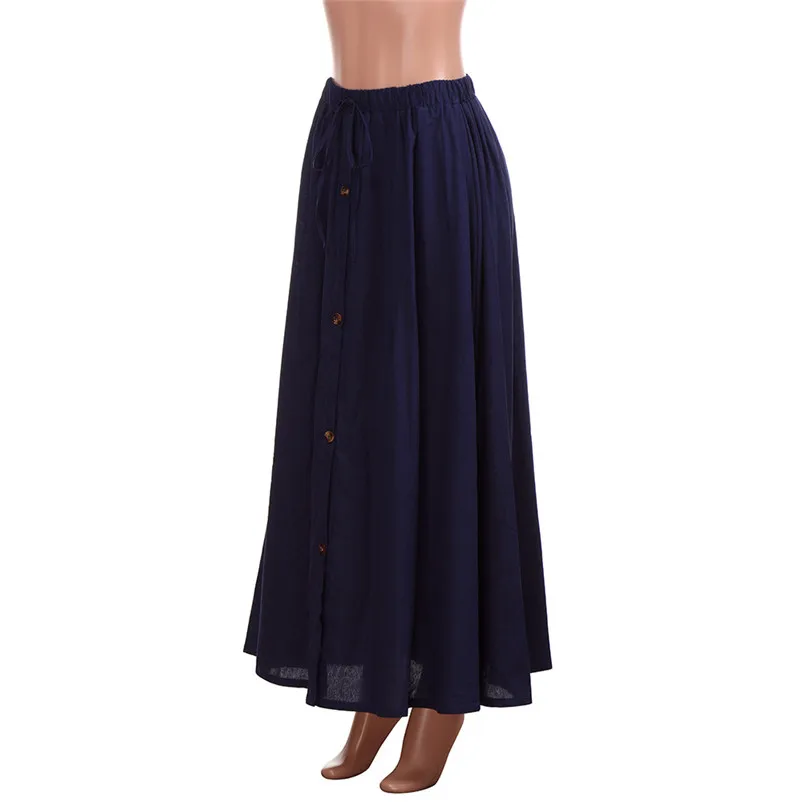 HOT sell Fashion 2018 Summer Skirt Women A-Line Elastic Waist Casual Button Flare Full Length Long Maxi Skirt Femme Saia A06#N (1)