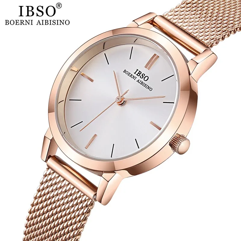 

IBSO Women's Quartz Watches Fashion Ultra thin Stainless Steel Mesh Strap Quartz Clock Hours Ladies Simple Relogio Masculino
