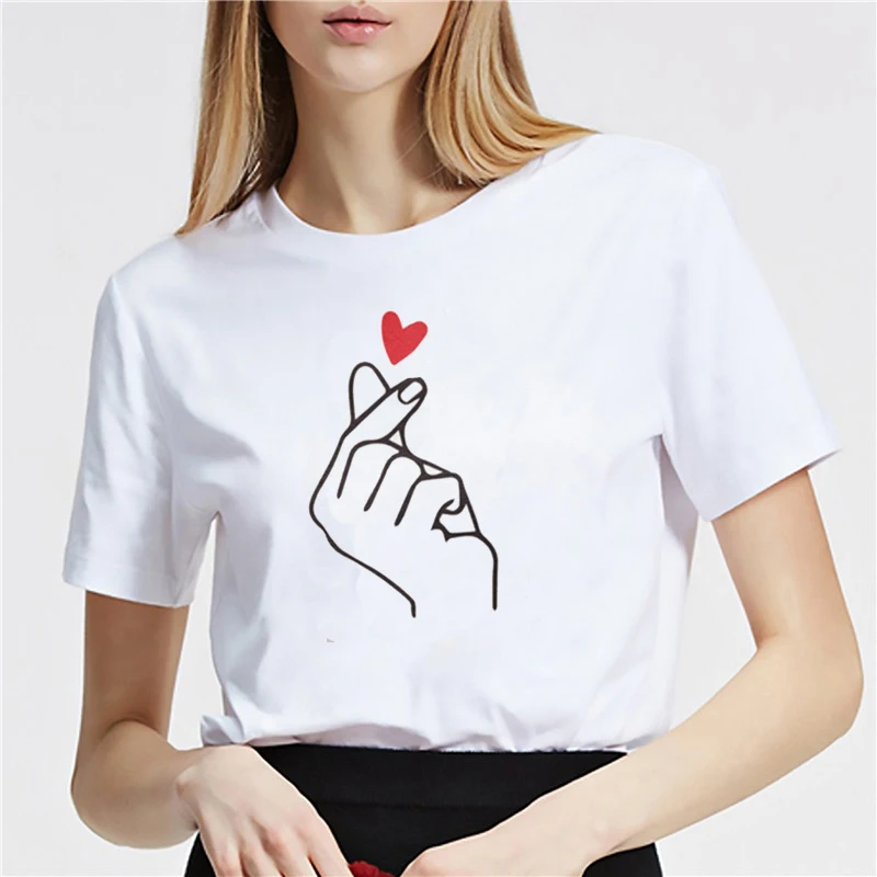 

2019 Finger Heart T Shirt lovely Summer Women Gesture Of Love Graphic Print Short Sleeve Tops 100% Cotton Nice Girl T-Shirt