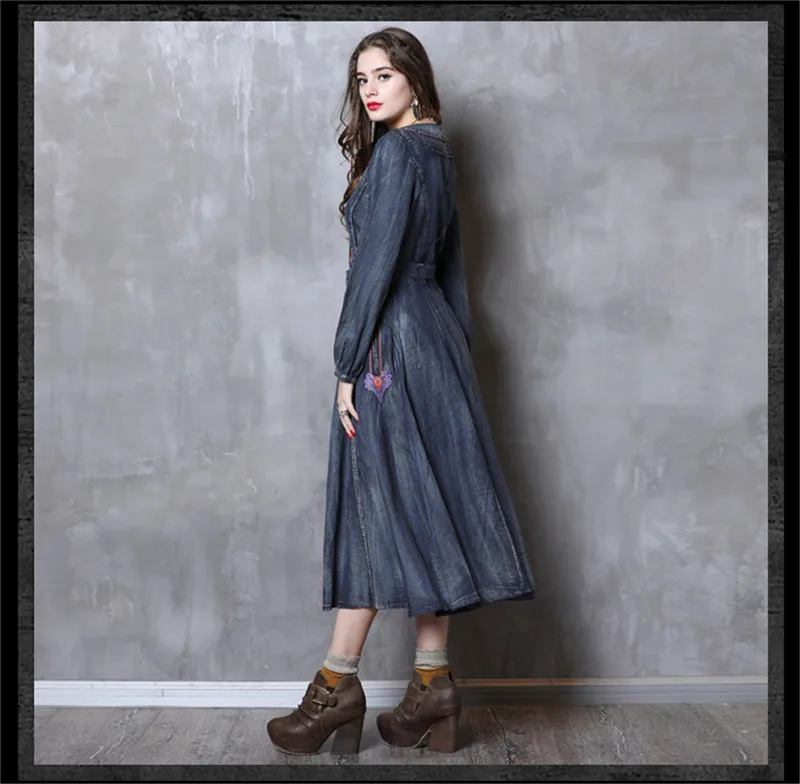 Vintage Autumn Dress Women 2018 Brand Denim Vestidos Stand Collar Long Sleeve Embroidery Belted Slim Wasit Women Dresses 82115 (15)