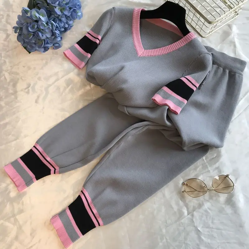 

2019 V-neck Short-sleeved Sweater Pullovers Tee+Stretchy Pants Women Summer Casual 2pcs Knitting Suits