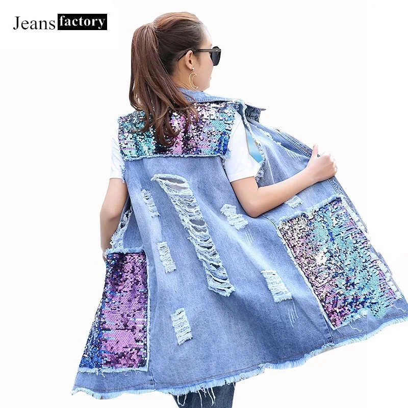 

Spring Autumn Long Cardigan Denim Jacket Women Sequined Sleeveless Jeans Jackets Fashion Ladies Blue Hole Coat Plus Size Outwear