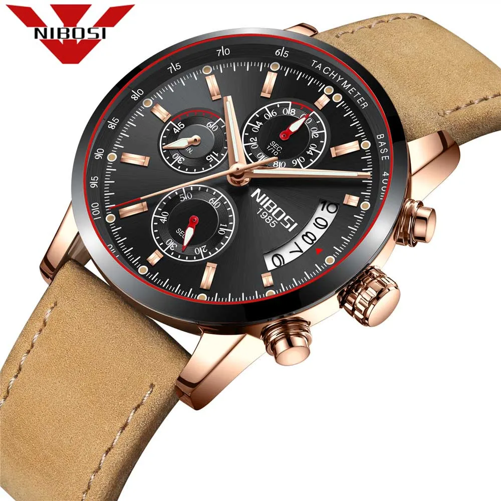 

NIBOSI Men's Chronograph Analog Quartz Watch Brand Waterproof Date Leather Strap Watches For Men Casual Black Watch For Male
