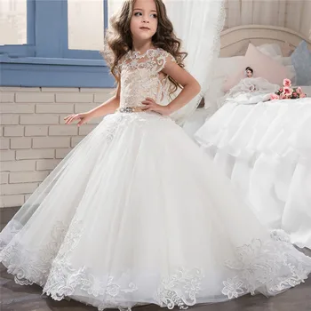 Lovely Long Sleeve Flower Girl Dresses for Weddings 2019 Sheer Neck Lace Ball Gown Little Girls First Communion Pageant Gowns lovely lace flower girl dresses hi low jewel neck pink long sleeve pageant dresses fluffy tiered satin girls pageant dress