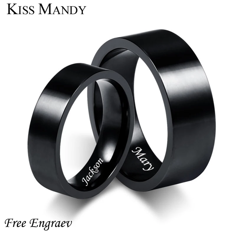 KISS MANDY Personalized Black Couple Rings Stainless Steel Finger Rings for Lover Gift Fashion Anniversary Wedding Jewelry KR86