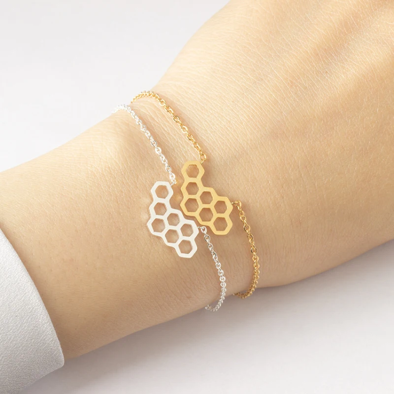 Золото Цвет шестиугольник браслет для Для женщин Pulseira Mujer звено цепи Нержавеющая сталь вафельная браслет невесты ювелирные изделия оптом