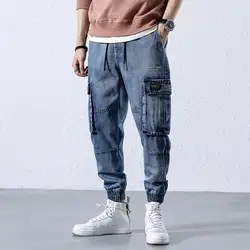 Мужские джинсы с большим карманом на лодыжке, брюки-карго в стиле хип-хоп
