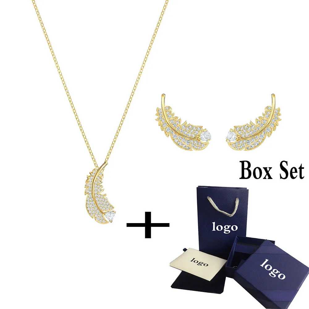

SWA RO 2019 Fashion New SWA Nice Necklace Set Shiny Feather Pattern Crystal European Unique Style Female Clavicle Necklace Set