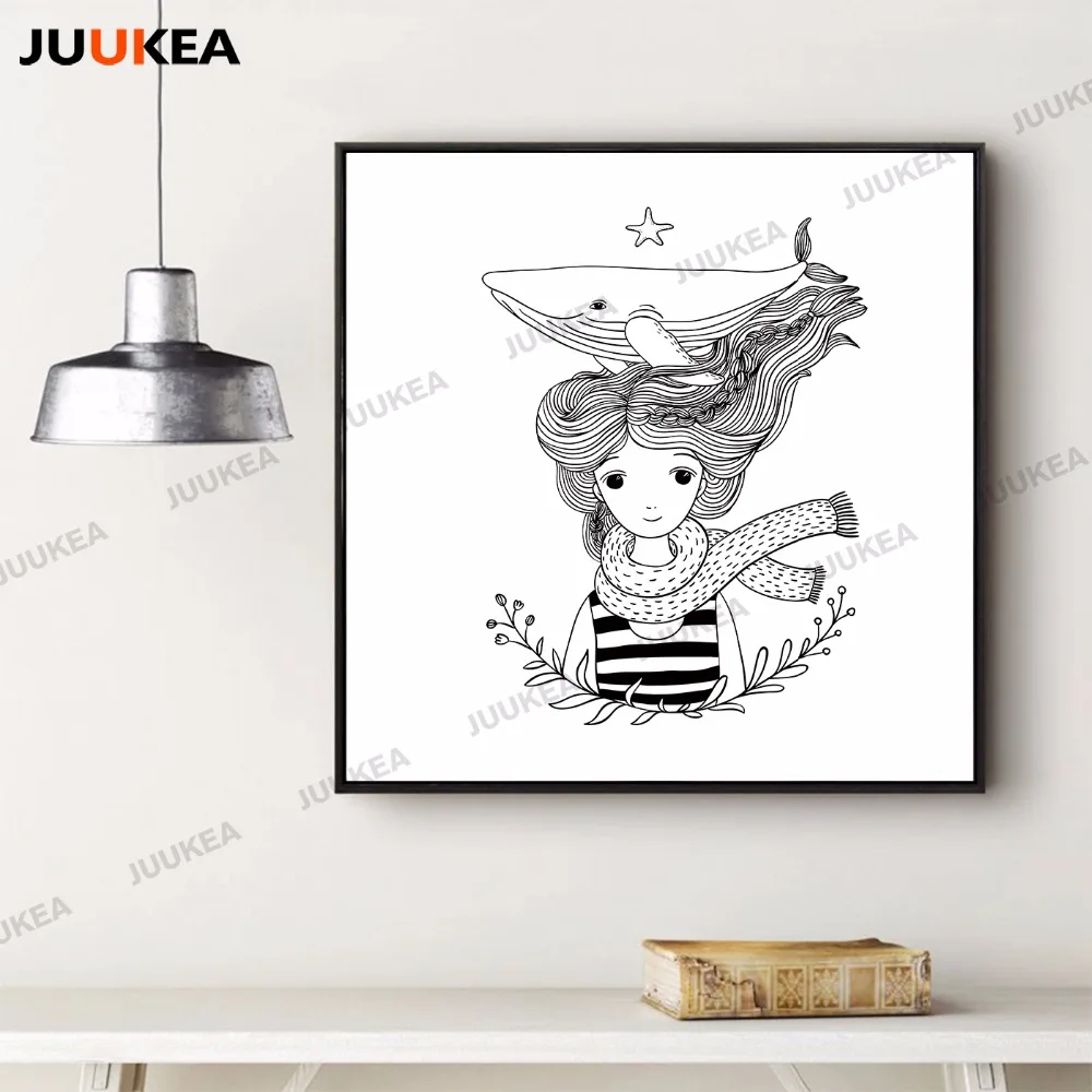 Nordic Hitam Putih Zaitun Yang Paus Gadis Sketsa Ilustrasi Kanvas