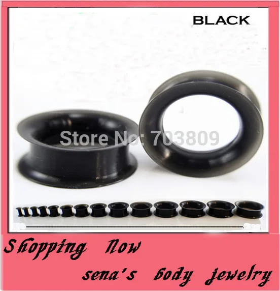 

Body jewelry Free Shipping Wholesales 192pcs/lot Mix 4-25mm black double flare Ear Piercing Plug Silicone Flesh Tunnel