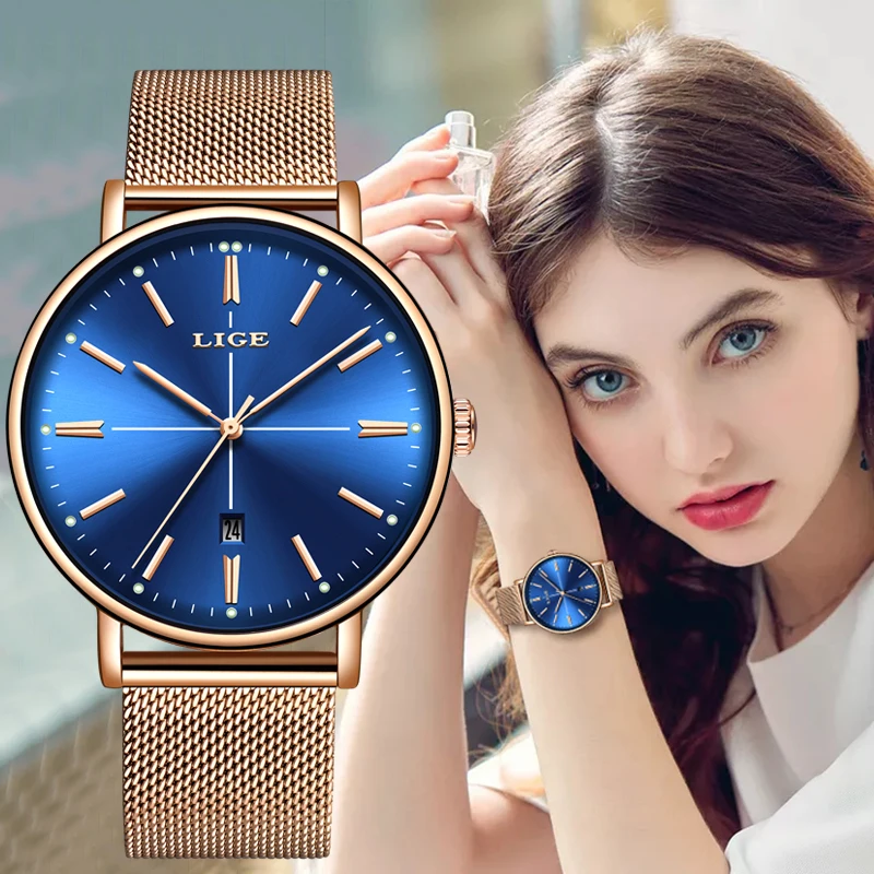  2019 LIGE New Rose Gold Blue Table Womens Business Quartz Watch Ladies Brand Top Luxury Ladies Watc