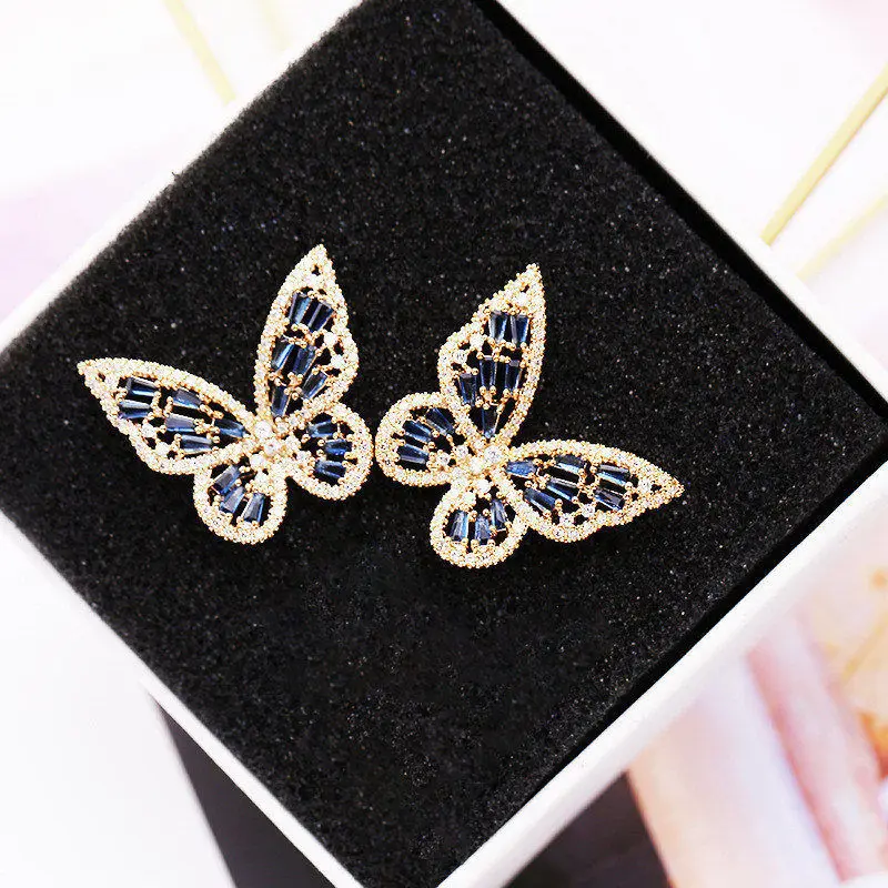 ЦИРКОНИЕВЫЕ серьги-гвоздики с бабочкой для женщин и девушек, серебряное Золотое розовое голубое цвет, модные свадебные Серьги pendientes mujer moda