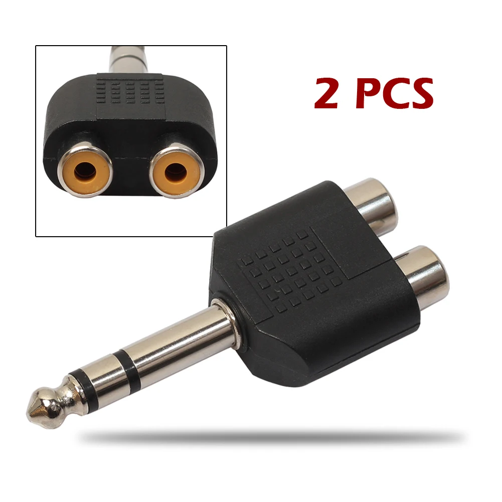 2Pcs 6.35mm 1/4" inch Stereo Audio Plug Connector To 2 RCA Female Audio
