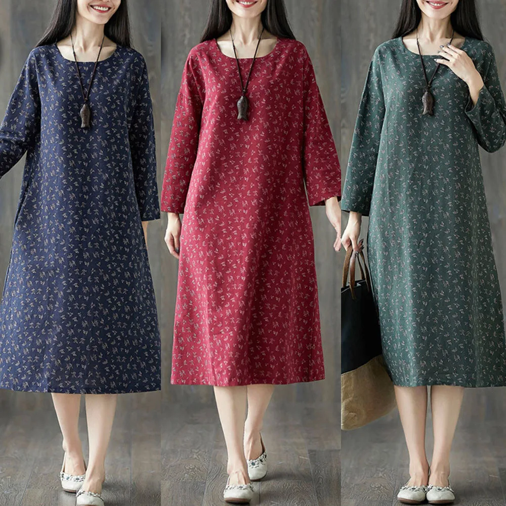 

Women Plue Size Long Sleeve Patchwork Cotton Linen Loose Print Bohe Dress