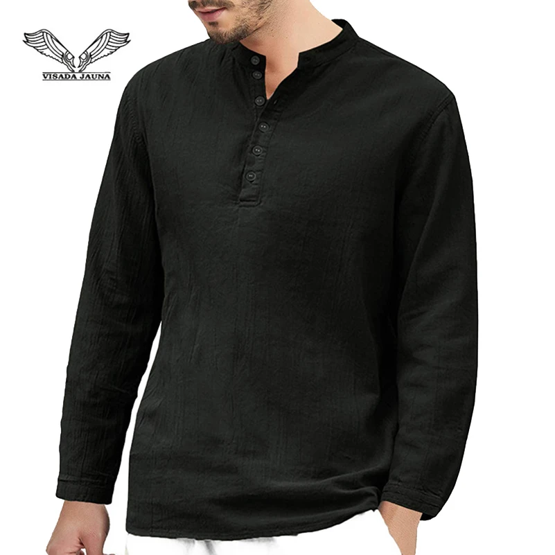 

VISADA JAUNA New Men's Cotton And Linen Trend Solid Color Casual Collar Loose Shirt Long-Sleeved Shirt Size S-2XL TLH59