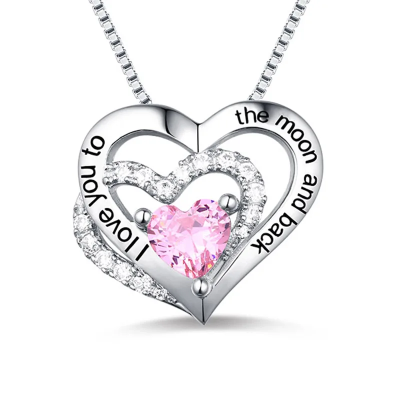 

Customized Birthstone Necklaces Triple Heart I Love You to The Moon and Back Engraved Necklace For Mother's Day Jewelry