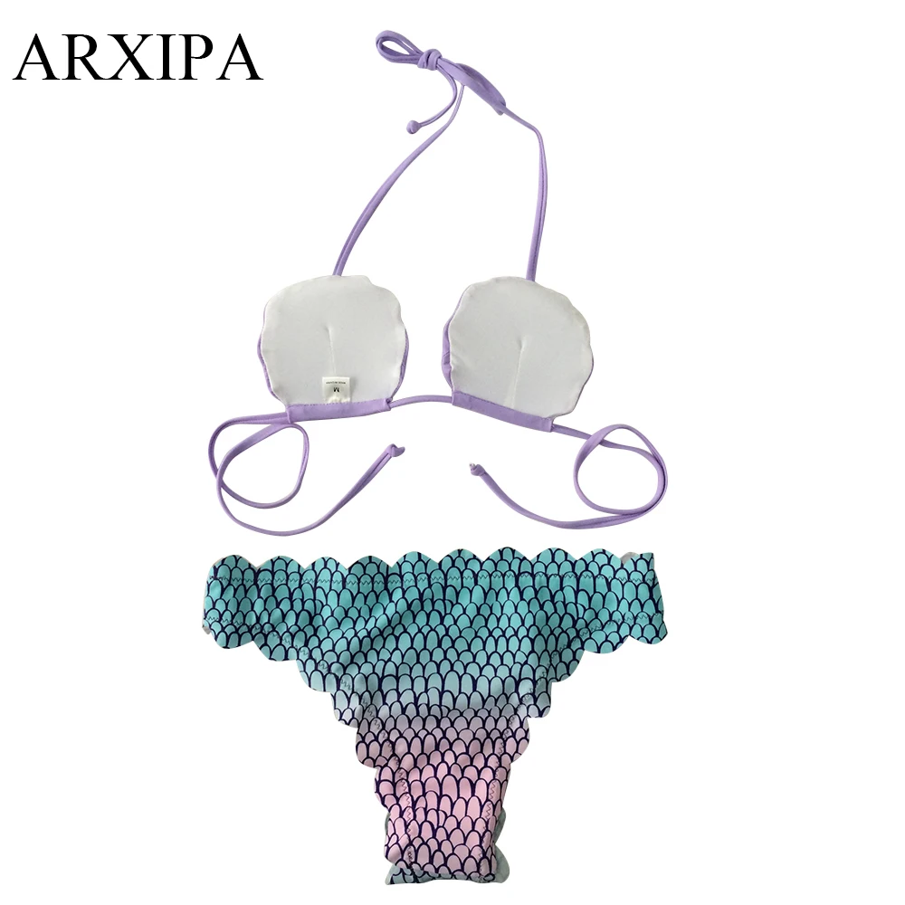ARXIPA 2018 nuevo traje de baño de cintura baja Halter Shell sirena traje de baño de mujer Bikini festoneado conjunto traje de baño ARXIPA 2018 nuevo traje de baño de cintura baja Halter Shell sirena traje de baño de mujer Bikini festoneado conjunto traje de baño