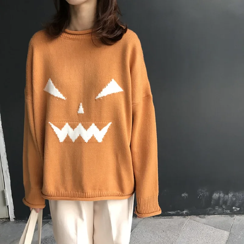 

Harajuku Plus Size Casual Women Sweaters Autumn Winter Fashion Pumpkin Color Loose Pullovers Sweater Female Sweater Preppy Style